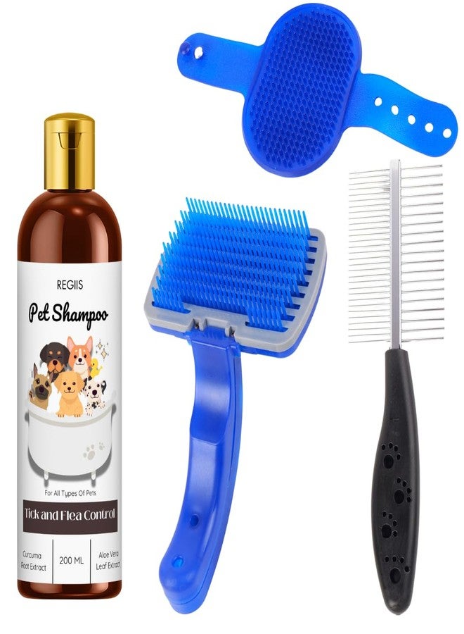 REGIIS Pet Grooming Set with Tick and Flea Control Shampoo 200ml, Professional Dog Brush Set, Blue Silicone Mat and Deshedding Tool(Pack of 4) - Image 1